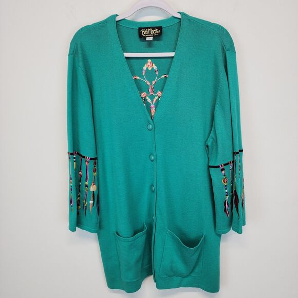 Bob Mackie Wearable Art Cardigan Sweater Size XL Green Dreamcatcher Embroidered - Picture 15 of 16